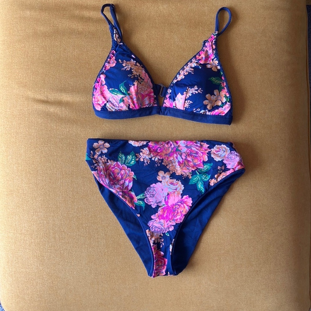 Maaji Reversible Bikini Pink and Blue Triangle Cups Floral
